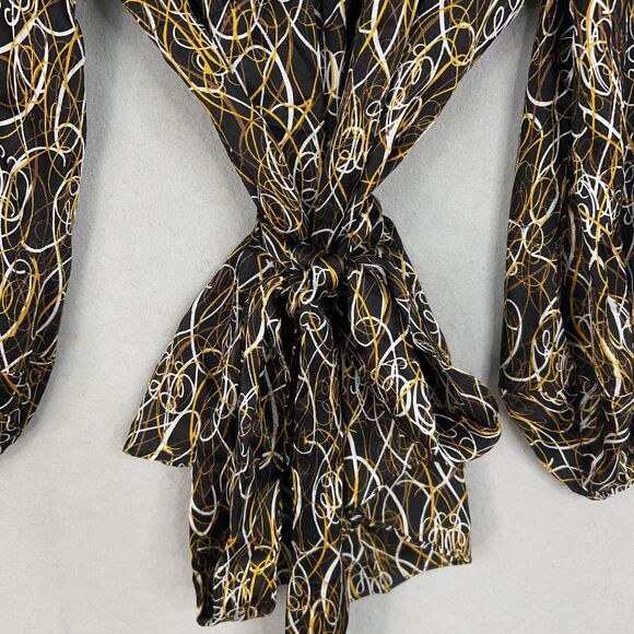 Diane von Furstenberg Blouse Womens 8 Black Gold White Silk Tie Waist Peasant - Picture 9 of 16